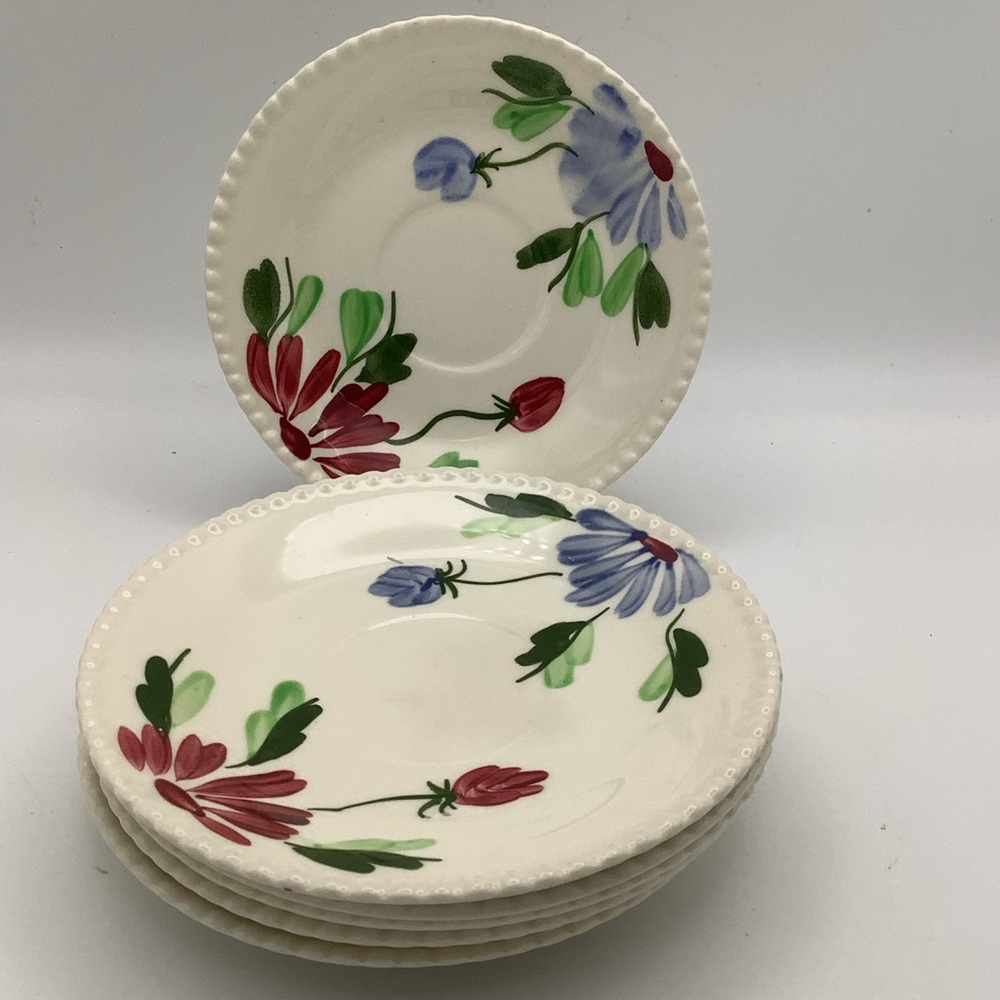 Six Vintage Southern Potteries Blue Ridge Hand Painted Mardi Gras Saucers